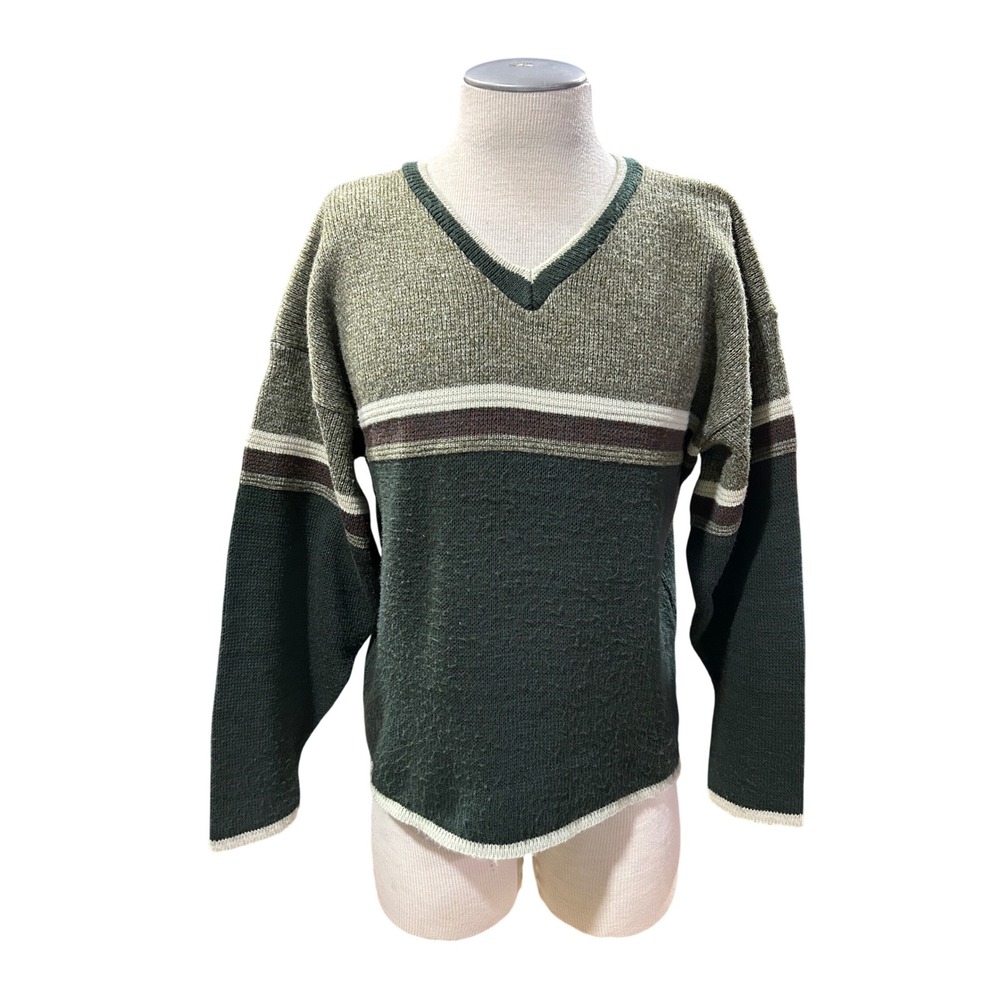 Utility Mens Vintage V-Neck Colorblock Knit Sweater Size M Green Long Sleeve